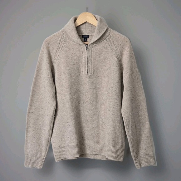 J CREW Men's Lambswool Blend Sweater Sz M Light Brown Shawl Collar Zip Neck - Picture 1 of 11